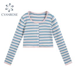 Sweet Striped Cardigan Crop Tees Long Sleeve Women's T Shirt Korean Crewneck Spring Elegant E-Girl Stylish Slim Short Tops 210417
