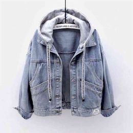 Spring Autumn Korea Fashion Women Long Sleeve Loose Blue Denim Coat Big Pocket Hooded Casual Jacke Femme short Coats S790 210512