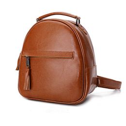 Vintage Leather Women Backpack Zip Casual Shoulder Bags Woman Brown Genuine Leather Backpack Small Female Knapsack Travel Bags Q0528