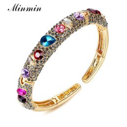 Minmin Gorgeous Vintage Antique Colorful Crystal Bangle for Women Luxury Gold Color Bracelet Bangle Wedding Bridal Jewelry Sl423 Q0717