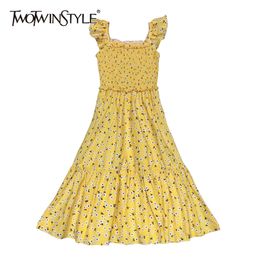 Summer Print Dress For Women Square Collar Sleeveless High Waist Hit Colour Elegant Dresses Female Fashion 210520