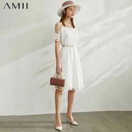Minimalism Spring Summer Lace Design Oneck Fashion Women Dress Causal Solid Female Knee-length 12070237 210527
