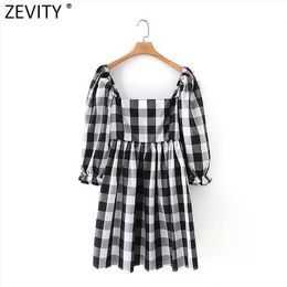 Zevity Women Vintage Square Collar Plaid Print Mini Dress Female Three Quarter Sleeve Chic Ruffles Party Vestido DS5058 210603