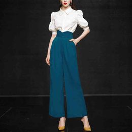 Summer Formal Women 2 Piece Set White Puff Sleeve Turn Down Collar Shirt Top + Hight Waist Strap Wide-Leg Pants Suit 210514