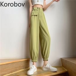 Korobov Korean Women Autumn Winter New Trousers Vintage Solid Pockets Female Joggers Streetwear Wide Leg Pants 210430