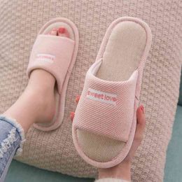 Four Seasons House Women Hemp Slippers Comfortable Cotton Flax Flat Ladies Casual Shoes Non-slip Bedroom Lovers Men Slides Y0406