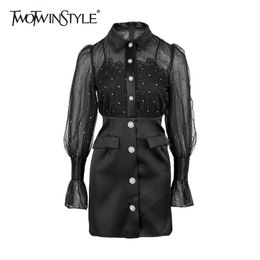 TWOTWINSTYLE See Through Sexy Dress For Women Lapel Long Sleeve High Waist Black Mini Dresses Female Fashion Clothing Fall 210517
