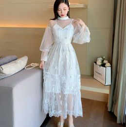High-end Runway Designer Dress Summer Mesh embroidery sequined flowers lace Long dress 210531