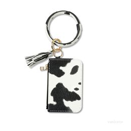 Zebra-stripe PU Lether Bracelet Keychain with Card Bag Tassels Pendant Cow Print 2 styles Portable Wrist Bags zipper T2I51993