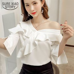 Spring Autumn Lady Sexy Women Blouse Shirt Oblique Shoulder Strapless Trumpet Long Sleeve White Chiffon Blusas 0574 40 210506