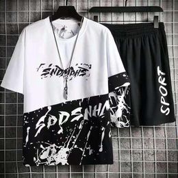 Men's Tracksuits In The Summer Of 2021 Leisure Suit Double Colour Letters Printing T-shirt And Black Shorts Two-piece Outfit