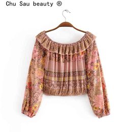 Chu Sau beauty Fashion Boho Vintage Print Cotton Loose Crop Tops Women Holiday Long Sleeve Ladies Summer Short Blouses 210508