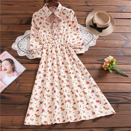 Casual Dresses Japanese Mori Girl Apricot Flower Winter Dress Women Long Sleeve Floral Printed Corduroy S-XL