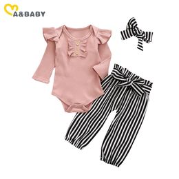 0-24M Autumn born Infant Baby Girl Clothes Set Soft Knitted Romper Striped Flower Pants Headband Costumes 210515