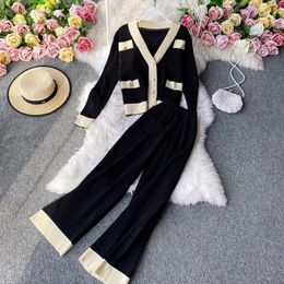 Autumn Knitted Matching Sets Casual Retro Sweater Long Sleeve V Neck Cardigan Coat Contrast High Waist Wide Leg Pants Knitting 210610