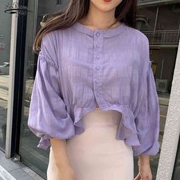 Autumn Lantern Sleeve Cotton Shirts Women Casual Single Breasted Solid Women Blouse Cardigan O Neck Ladies Tops 10153 210518