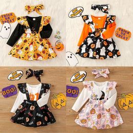 kids Clothing Sets girls Halloween outfits infant toddler Letter print Tops+Flying sleeve pumpkin ghost strap dress+Bow 3pcs/set Spring Autumn baby Clothes