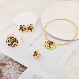 Earrings & Necklace Ethnic Jewellery Women Colour Flower Pendant Round Big Adjustable Bracelet Vintage Sets For Party Gift