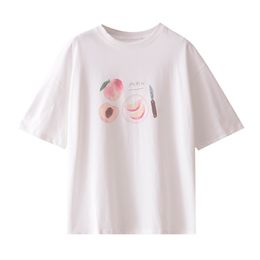 Women Pink Peach Fruit Print T-shirt Short Sleeve Loose Oversize Sweet Top Summer B0807 210514