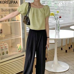 Korejpaa Women Set Summer Korean Retro Square Collar Clavicle Check Loose Puff Sleeve Shirt High Waist Casual Wide Leg Pant 210526