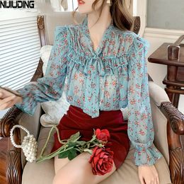 Autumn Printed Vintage Chiffon Women Blouse Lace Up Buttons Bow Collar Long Flare Sleeve Loose Female Shirts Tops 210514