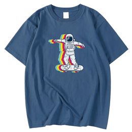 Crewneck Oversized Man Tshirt Short Sleeve Tshirt Astronaut Play Skateboard Printing Clothing Comfortable S-Xxxl Tshirts Male Y0809