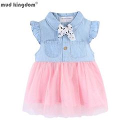 Mudkingdom Toddler Girl Denim Dress with Collar Patchwork Girls Dresses for Kids Bow Clothes Tulle Fluffy Children Summer Wear 210615