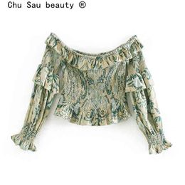 Chu Sau beauty Fashion Boho Style Floral Print Crop Tops Women Casual Chic Off Shoulder Pleated Top Female Holiday Wear 210508