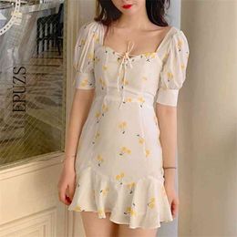 Summer dress vintage white ruffle lace up beach sexy elegant kawaii yellow cherry casual mini korean vestidos 210521