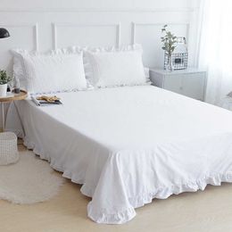 Cilected 1PC Solid White Flat Sheet Thickened 100% Cotton Bedding Sheets Lotus Leaf Flat Bed Sheet For Adults No Pillowcases 210626