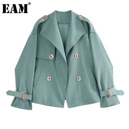 [EAM] Loose Fit Khaki Double Breasted Big Size Jacket Lapel Long Sleeve Women Coat Fashion Spring Autumn 1DD7876 21512