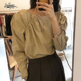 Pleated Puff Sleeve Autumn Fashion Square Collar Pullover Blouse Women Solid Cotton Casual Tops Shirts Elegant Clothing 12429 210508