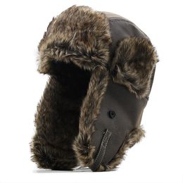 Hot Bomber Hats Winter Men Warm Russian Ushanka Hat with Ear Flap Pu Leather Fur Trapper Cap Earflap