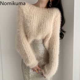 Nomikuma Mohair Slash Neck Pullover Sweater Causal Long Sleeve Korean Pull Femme Autumn Winter Solid Knitted Jumpers 6D233 210427