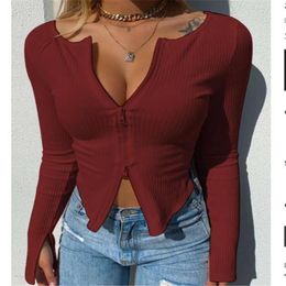 Women's T-shirt Women Spring Autumn Clothes Ribbed Knitted Long Sleeve Crop Tops Zipper Design Tee Sexy Female Slim Black White 499