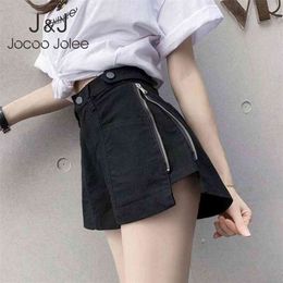 Jocoo Jolee Casual Side Zipper A-Line Women Summer Solid Loose Shorts Button All-Match High Waist Wide Leg Pants 210518