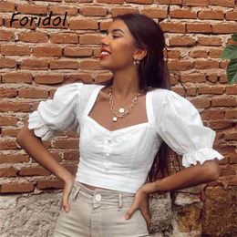 Foridol pearl button puff sleeve women crop top and blouse vintage hollow out cotton white blouse shirt chic ruffle tops 210415