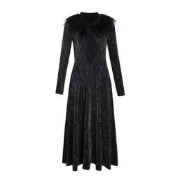 Black Empire Bow Collar Long Sleeve Tassel Feather Stamping A-line Midi Evening Paty Drees Autumn Winter D0885 210514
