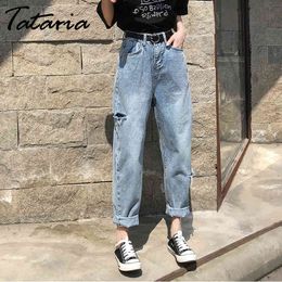 Tataria Women Hole Jeans High Waist Loose Harem Casual Boyfriend Curl Denim Wide Leg Pants Female Retro Ripped 210514