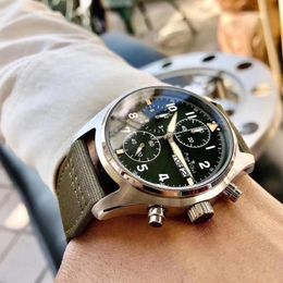 Wristwatches Luxury Men Pilots Steel Sapphire Double Quartz Chronograph Canvas Green Leather Coffee Watch Black Yellow