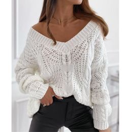 Women Solid Hollow Out Ribbed Knitted Sweater Autumn Winter V Neck Tops Casual Female Long Sleeve Loose Pullover Sweater 210416
