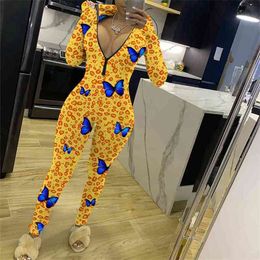 High Street Arrival Yellow Butterfly Leopard Printing Skinny Rompers Round Collar Long Sleeve Front Zip Womens Jumpsuit 210517