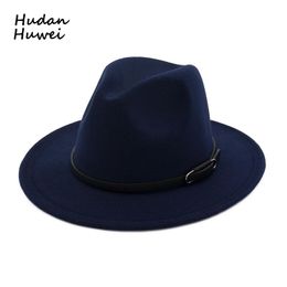 European US Women Men Lady Jazz Trilby Hat With Belt Buckle Trend Female Flat Brim Wool Felt Fedoras Black 10 Colours Winter Wide Hats