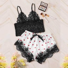 Women Sleep Wear Sexy Lingerie Satin Lace V-Neck Camisole Shorts Set Sleepwear Pyjamas Women Sexy Clothes Q0706