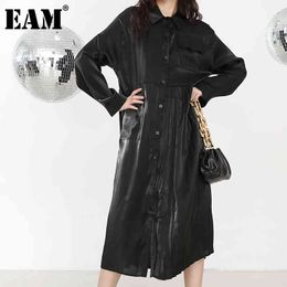 [EAM] Women Gray Pocket Pleated Big Size Long Shirt Dress Lapel Long Sleeve Loose Fit Fashion Spring Autumn 1R16901 21512