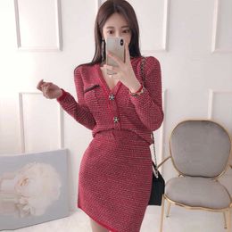 Women Single-Breasted Button Knit Cardigans+High Wasit Pencil Skirts 2Piece Set Spring Skirt Suits 210529