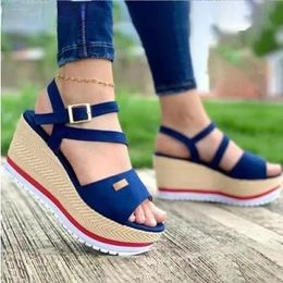 Summer Sandals Fashion Buckle Strap Solid Fringe Cover Heel Flat Platform Casual Ladies Plus Size Open Gladiator Wedges