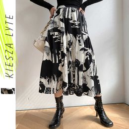 Women Elastic Waist Midi Skirt Elegant Print High Abstract Big Hem Office Lady Spring Summer Sexy Ladies 210608