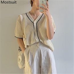 Summer Korean Knitted Cardigan Knitwear Women Short Sleeve V-neck Single Breasted Sweater Vintage Elegant Jumpers Tops 210513