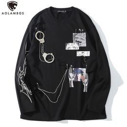 Aolamegs Comics Anime Manga Illustration Hook And Loop Fastener Chain Design Thin Sweatshirt Streetwear Men High Street Pullover 211230